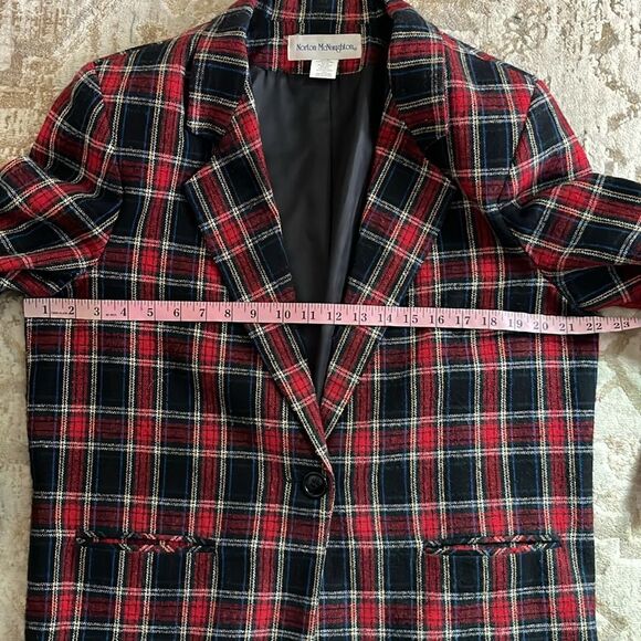 Vintage 90s Norton McNaughton Red Navy Plaid Wool Blend Blazer Jacket | Size 14 - Picture 5 of 12